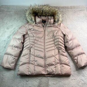 CALVIN KLEIN Womens Large Down Puffer Coat Faux Fur Hood Jacket Pink